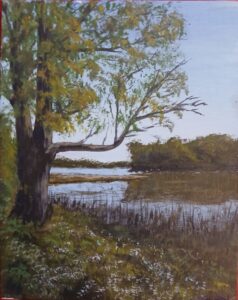 impressionist style painting with a large tree full of leaves on the right on river bank and river winding to the right around a large stand of trees