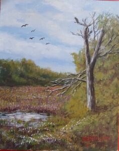 impressionist style painting of a woodland scene with a dead grey tree on the right surrounded by a green forested landscape with 5 birds flying in the sky.