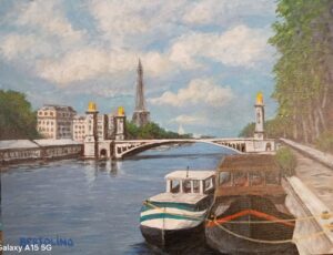 Impressionist style painting of the river Seine with two river oats docked along the path along the right in foreground. A bridge in the middle ground is white with a cloudy sky and the eiffel tower in the distance.