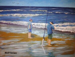 impressionist style painting of two figures fishing by a shoreline with calm sea water coming in towards them.
