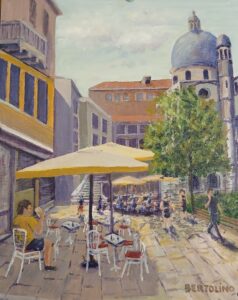 impressionist style painting of St mary plaza in italy with a cafe scene with people seated at tables with umbrellas.