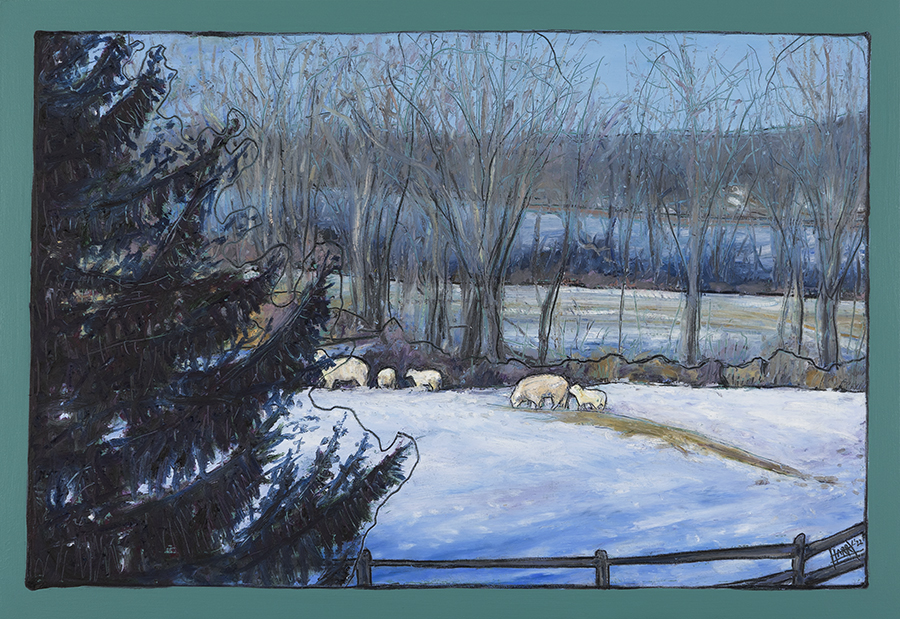 Winter Sheep - Oil pastel painting by Harry Boardman