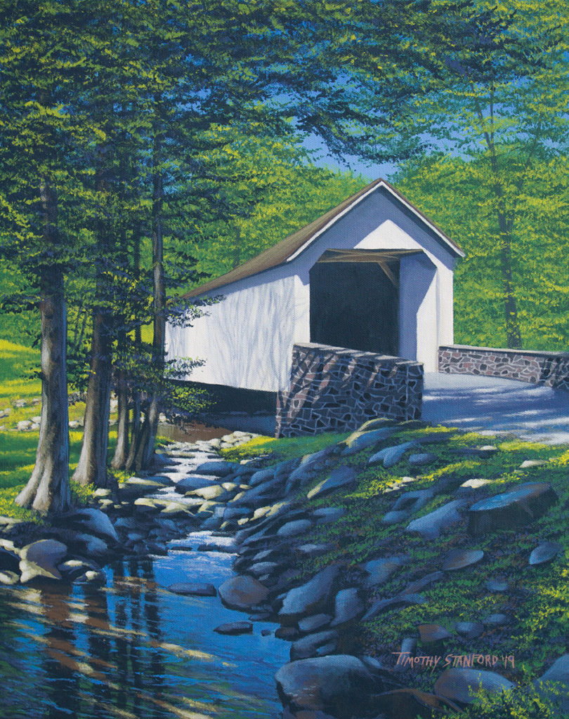 Acrylic landscape painting of Loux Covered Bridge in late spring with a creek.