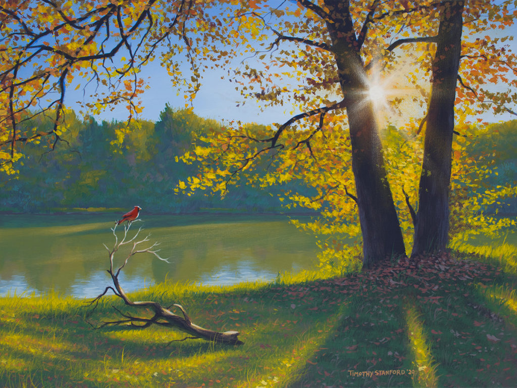 Acrylic landscape painting of a sunlit tree and next to a lake with a cardinal poised on a branch.