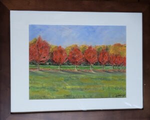 pastel painting of a green field with trees on the horizon with a blue sky above.