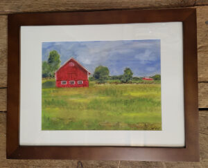 pastel painting of a red barn and a field of green and blue sky