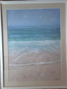 pastel painting of a calm ocean view from the shore looking out into the ocean.