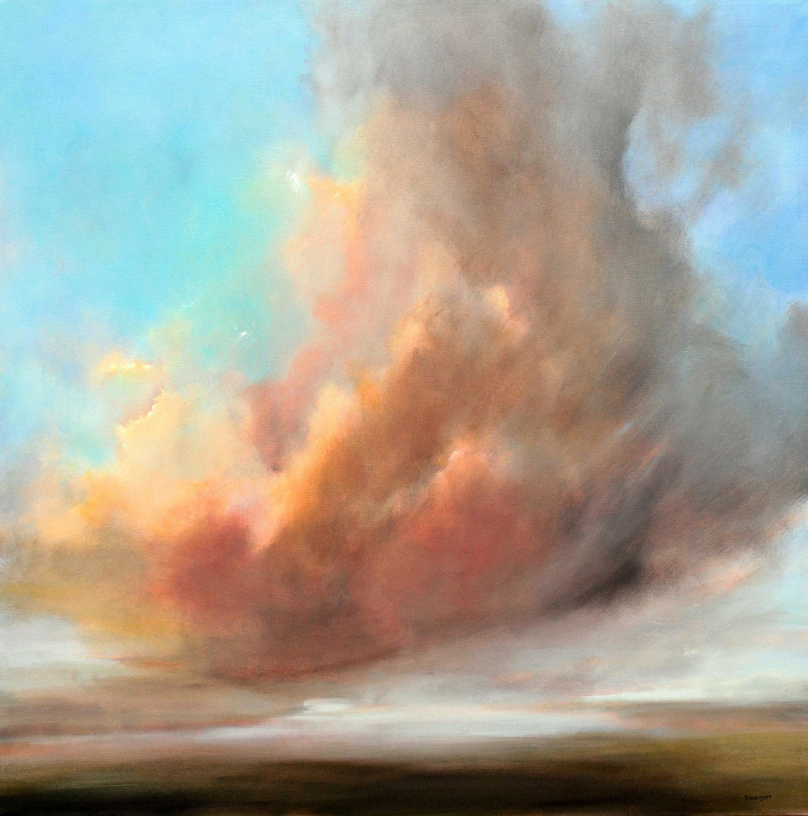 Oil Painting of a low dark horizon with orange and reddish clouds over it.