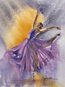 Watercolor painting of a dancer on point in profile with back leg outstretched to the right with arms extended upward against a yellow sun lit background of pink. Dancer is wearing a diaphanous skirt with close fitting bodice.