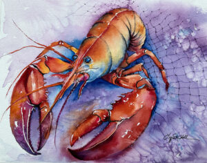Watercolor painting of a red lobster in a net against shades of blue background. The lobster is realistically painted with gradations of reds and blues with large claws at bottom left of painting.