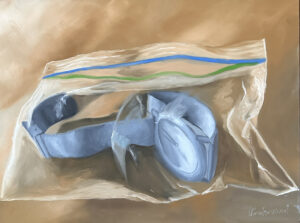 Realistic color painting of a wristwatch inside a ziplock bag.