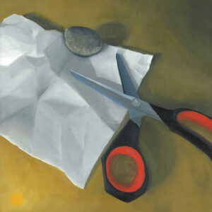 realistic color painting of a scissors and a wrinkled piece of white paper on an orange ground