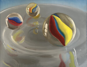 Detailed color painting of 3 swirled marbles on a clear plate. One in foreground is larger.