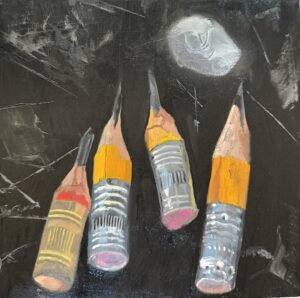 Realistic color painting of 4 short pencils whittled down to sharp points and a kneaded eraser on a dark ground