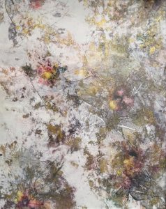 abstract painting with texture and colors ranging from whites to dark browns and bronze golds