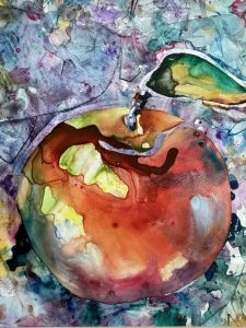 abstract watercolor painting of red apple with green leaf on stem with a blue-green background