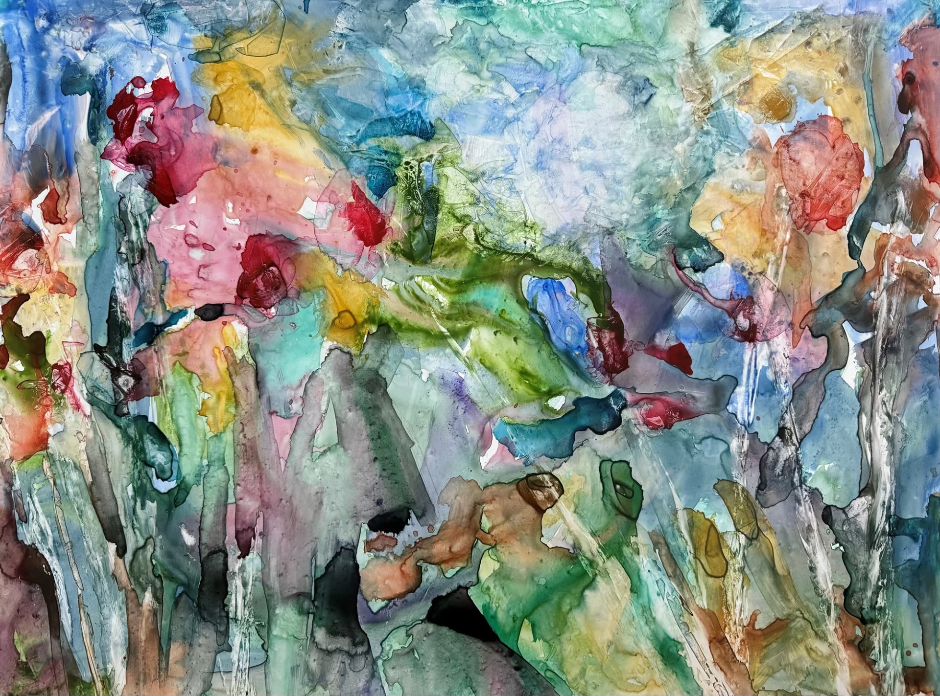 impressionist/abstract watercolor painting of rainbow colored wildflowers