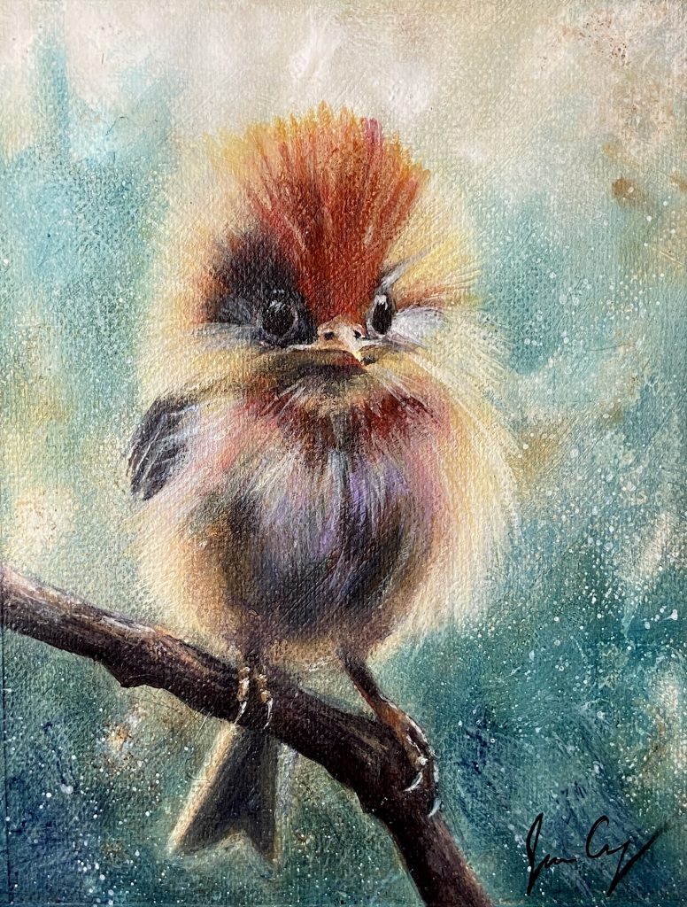 Painting of a fuzzy bird with an orange head sitting on a branch.