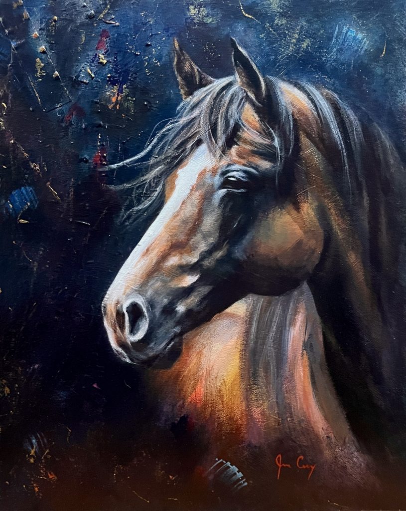 Painting of a horse facing the viewer looking to the right.