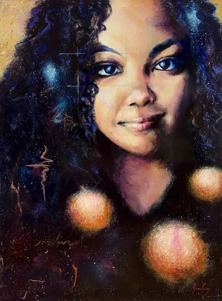 portrait painting of a woman is full cheeks, dark eyes and long curly hair.