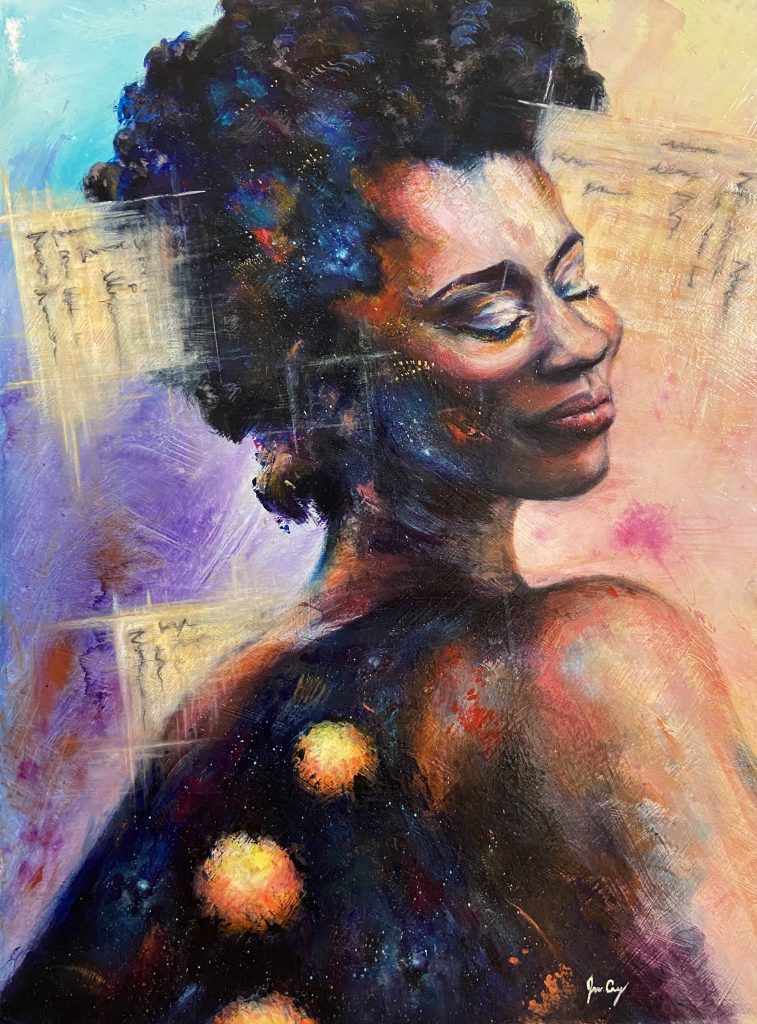 Painting of a woman facing over her shoulder with a smile and her eyes closed. Yellows, purples and blues surround her.