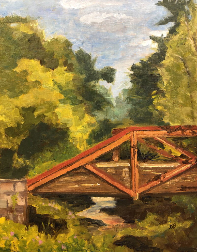 Jen Gorman-Strawbridge Red Bridge at Virginia Forest Recreation Area, Delaware Canal State Park. Painted en plein air in oil