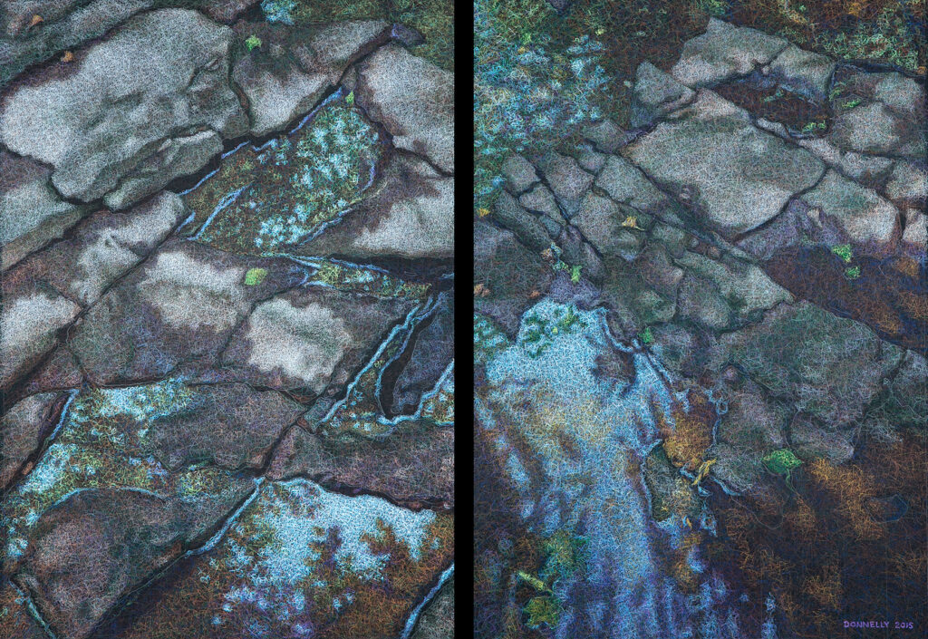 Diptych: Mill Creek Rocks, Reflections, 49.5” x 35.5”, wax crayon on paper