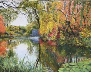 Gilbert Bolitho Pond with Fall Foliage oil on canvas painting