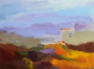 abstract landscape painting with blue waters and green and sandy colors for coast