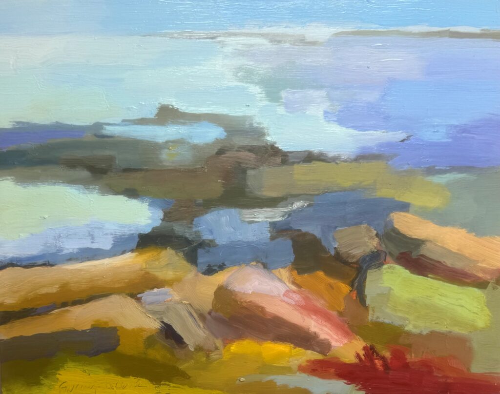 abstract landscape painting with water and rocky coast