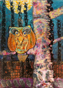 "Alone on a Spooky Night", Acrylic, collage and resin on wood panel, 18 x 24 inches art by Pamela Ronca-Shumskas