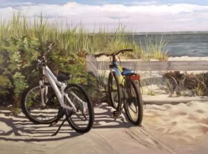 A realistic beach scene painting by Charlene Lavinia in oil depicting 2 bicicles in the middle and left of the canvas on a boardwalk with high beach grass obscuring the view of the ocean on the left side. in the middle and right sides of the canvas the ocean is seen in the distance and the horizon line is just below the top of the canvas.