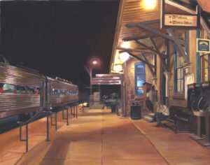 A realistic night time scene painted in acrylic by Charlene Lavinia featuring a Septa train at the left middle of the canvas with the lighted station on the right. The station and train frame a sidewalk. At the top left of the canvas the black night time sky is puntuated by a lone street lamp with a halo of white light.