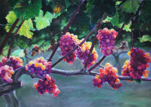 Realistic painting by Charlene Lavinia in acrylic featuring grapes on a vine with light shining from behind them creating luminosity and brightness. Dark green vine leaves form a band at the top of the canvas.