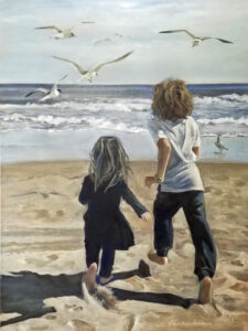 A realistic painting by Charlene Lavinia of two children running toward the ocean on a sandy beach. Seagulls fly in the blue and white sky in the upper part of the canvas. The horizon line is in the upper 2/3 mark of the canvas. The young girl is on the left of the boy and is shorter with shoulder length blonde hair.
