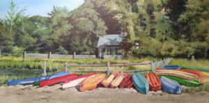 Acrylic landscape painting titled Monday Morning by Charlene Lavinia. Foreground features realistic kayaks in an array of colors laying on the ground pointing toward a building across a marshy area. Green trees surround the structure with a glimpse of blue and white sky at the top left of the painting.
