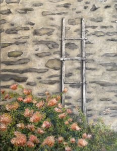 Realistic oil painting of a stone wall with a grey/brown, white ladder against the wall from top of painting and disappears at bottom of painting in a green leafy shrub.