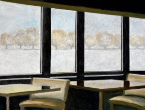 Realistic oil painting of a diner scene with 3 windows looking out on a white landscape with pale green trees.