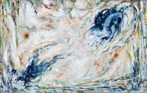 Abstract expressionist painting titled Alchemy by Leah Reitz Winter. Two bluish swirling shapes dominate the canvas at an angle on either corner, top right an lower left. They appear to be morphing into another or moving away from each other against a whitish background.