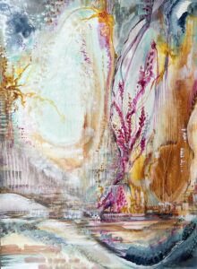 An abstract and expressive colorful painting by Leah Reitz Winter titled Mother. A white sky on the right gives way to a more detailed landscape scene on the right with bright swirling colors that appear to be clouds and trees hovering over water.