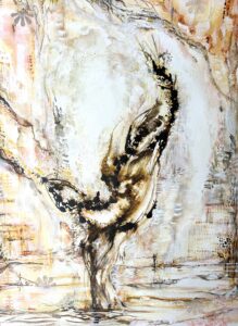 Abstract and expressive painting by Leah Reitz Winter featuring a central tree like structure in the foreground with lots of whites and browns in the background. The tree almost looks like a dancer.