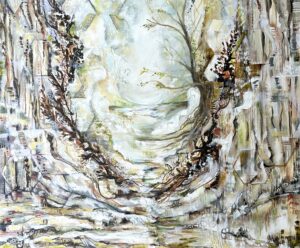 Expressive abstract painting titled Wise Oak by Leah Reitz Winter. A stylized tree stands at top right on top of a mound that steeply curves downward like a reference to Moses parting the seas.