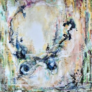 Abstract expressionist painting titled Origins by Leah Reitz Winter. Colors of mostly a white background with dark blue oranic shape and black texture at bottom right.