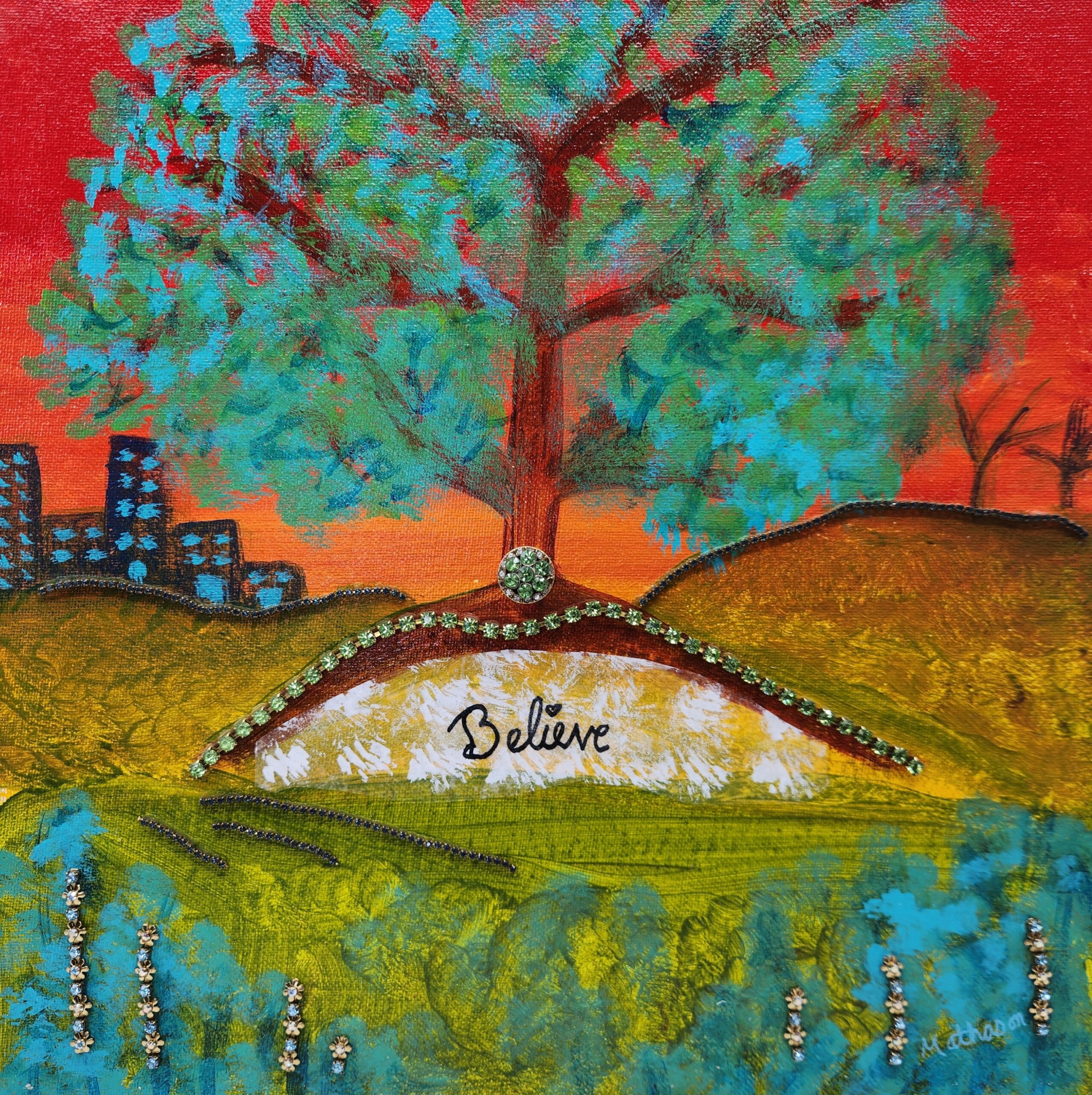 impressionist painting of an urban park scene with a large tree in the middle on an island with water in the foreground and city buildings and earth mounds in the background