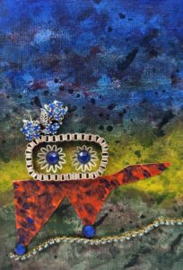 impressionist painting with a robot face on a colorful ground featuring green yellow and blue colors