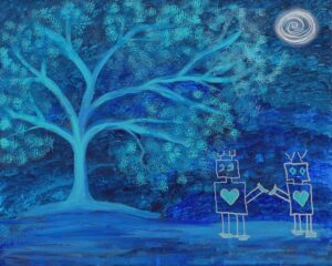 painting of a tree with two line drawings of two robots in the foreground. The overall colors are shades of blue
