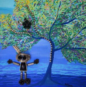 impressionist painting of a blue tree with green foliage on the banks of a body of blue water with a robot on the shore.