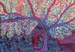 impressionist painting of a tree with blue limbs and white/green foliage over a blue green ground.