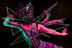 Surrealist painting of a woman posing as if shooting an invisible arrow. Her head is a skull made of glass. She is lit in mostly pink light with green reflective light.