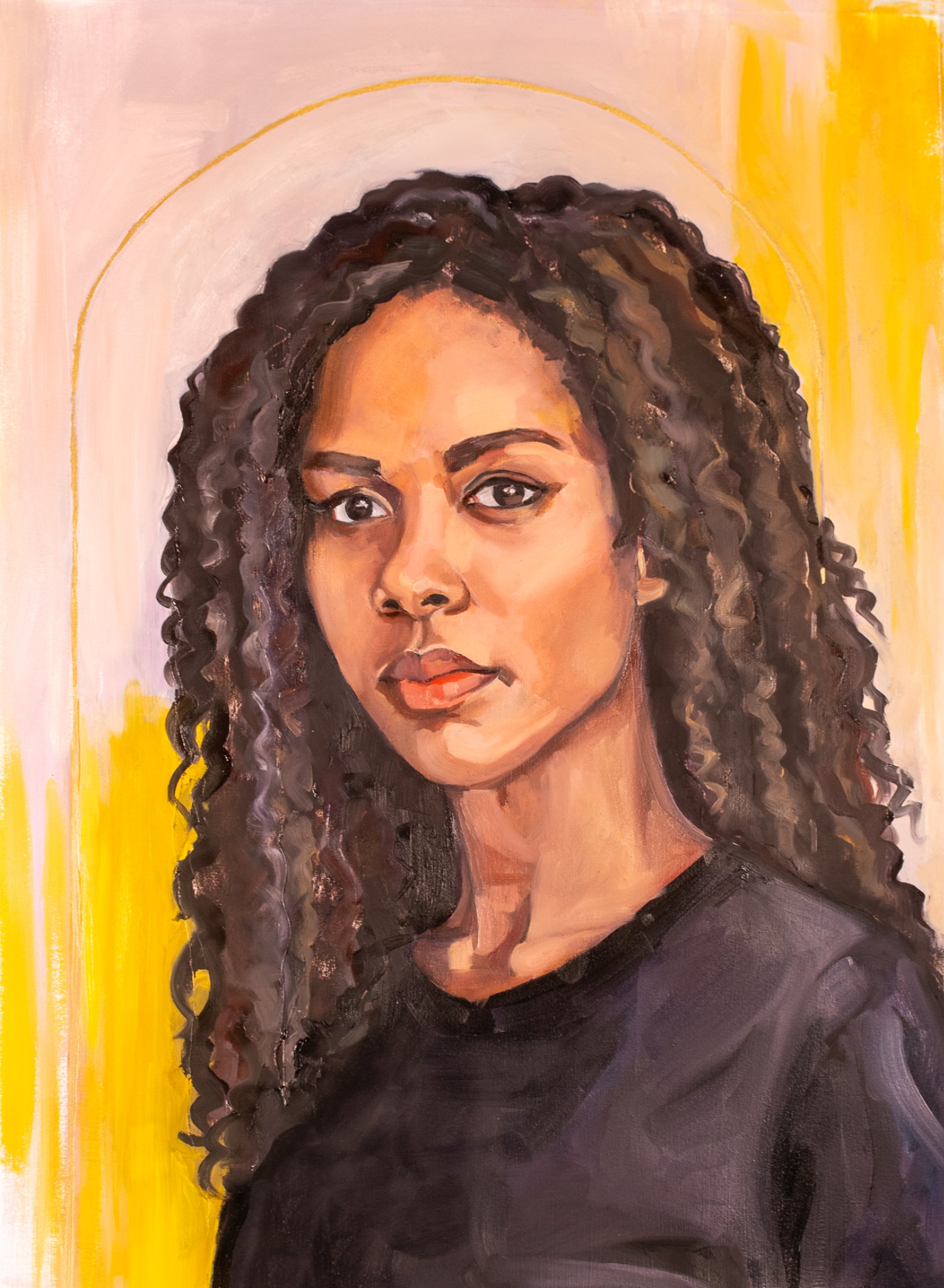 Portrait oil painting of a young woman with brown curly hair. Background is a light peach with yellow brush strokes over it.